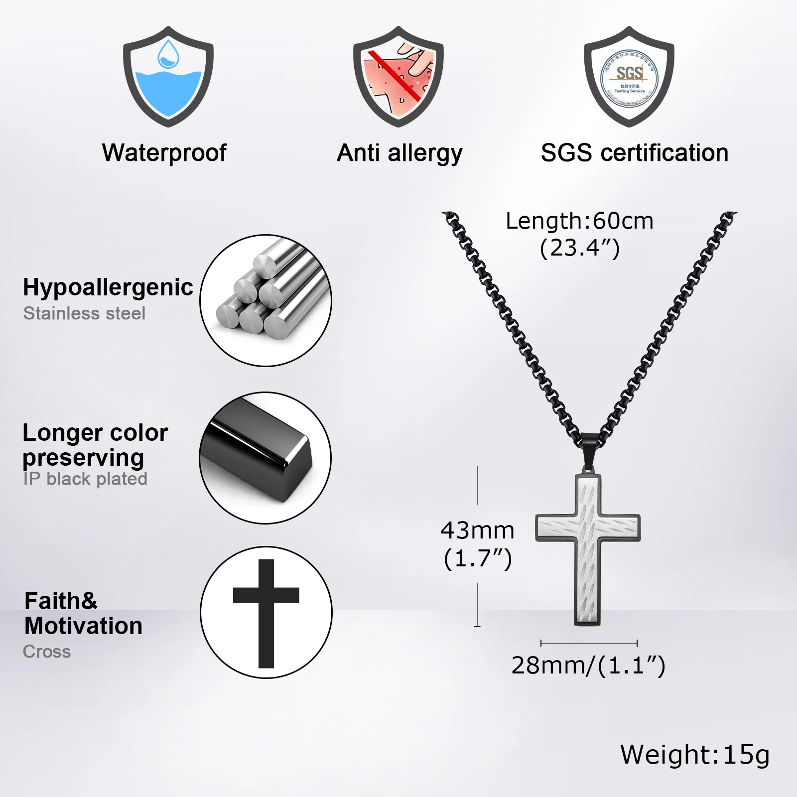 Vnox Minimalist Christianity Knife Cross Pendant Necklace Charm
