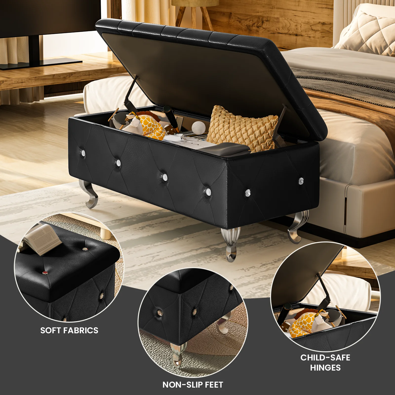 Pouf Rotondo Con Contenitore In Velluto Nero E Base Metallo Dorato - Moderno Ottomano Con Vano Portaoggetti, Poggiapiedi Per Soggiorno E Camera Da Letto