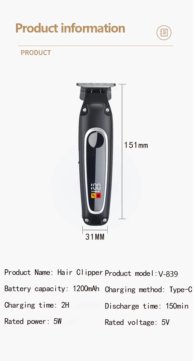 VOAUN V-839 Hair Clippers for Men-Cordless USB Rechargeable Barber Clippers for Hair Cutting Professional Barber Kit Household