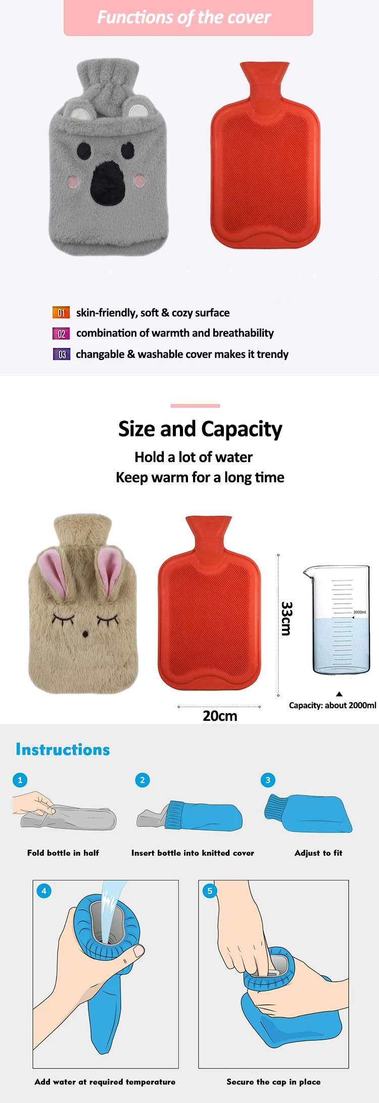 heat therapy rubber hot water bottle hand warmer pack with cute plush animal cover bs hot water bag cover