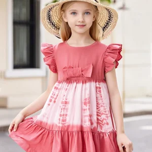 Wholesale ODM Solid Kids Clothes Plant Dye Natural Dye Flying Sleeves 100% Cotton Pink Summer Girl Dresses for Girls