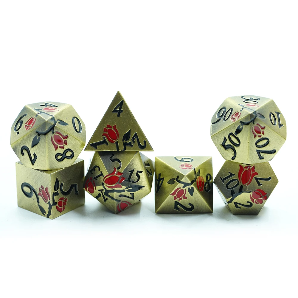 Çok Satan DND RPG Katı Metal Çinko Alaşım Zar Seti Çok Yüzlü Üç Renkli Gül DND Oyuncuları için