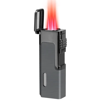 Four Straight Flames Smoking Custom Logo Windproof Jet Torch Cigarette Cigar Lighter Refillable Empty Gas