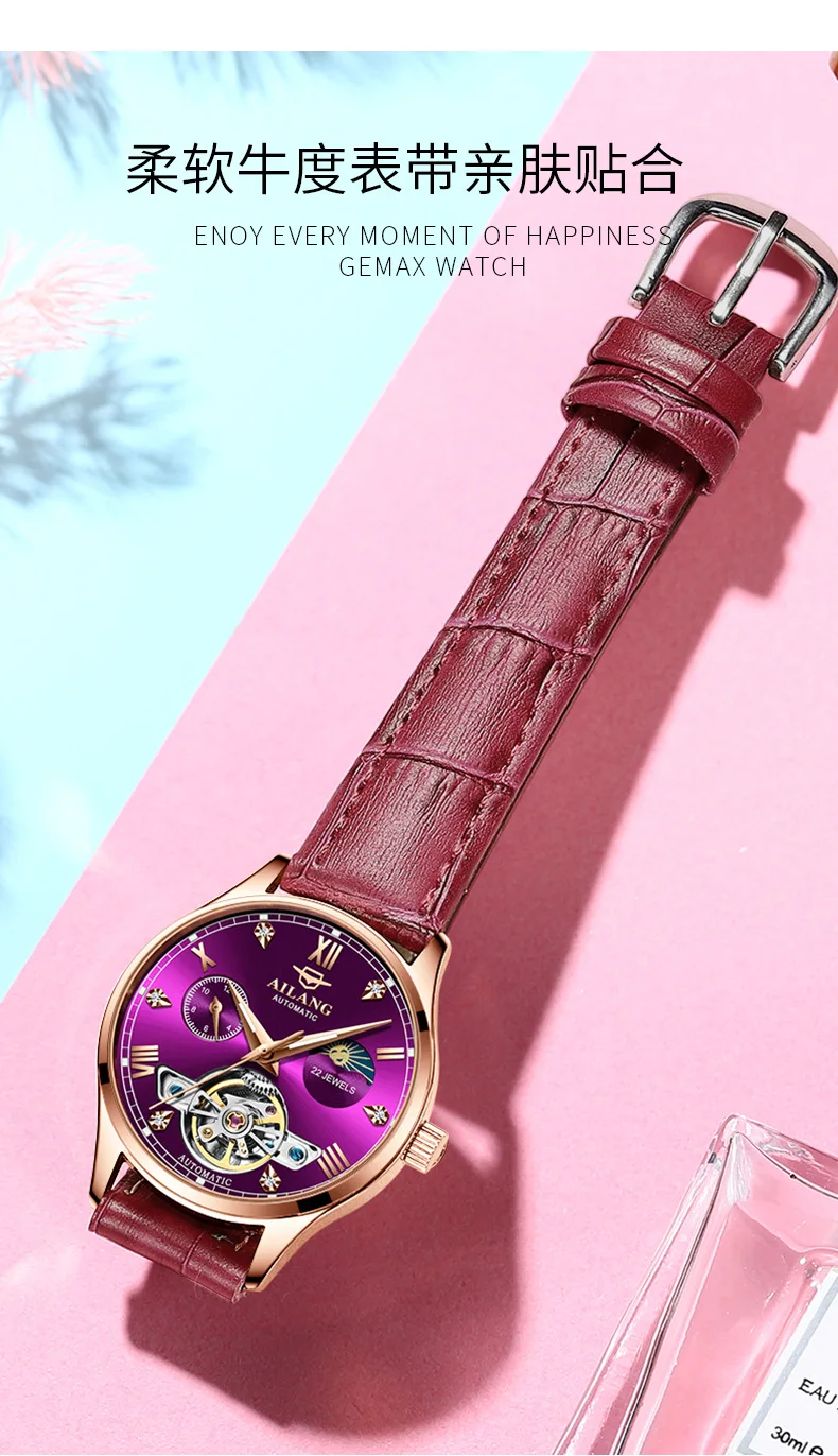 Montres mécaniques automatiques pour femmes, montres-bracelets diamantés pour dames, montre en cuir Rose, étanche 30m, horloge lumineuse