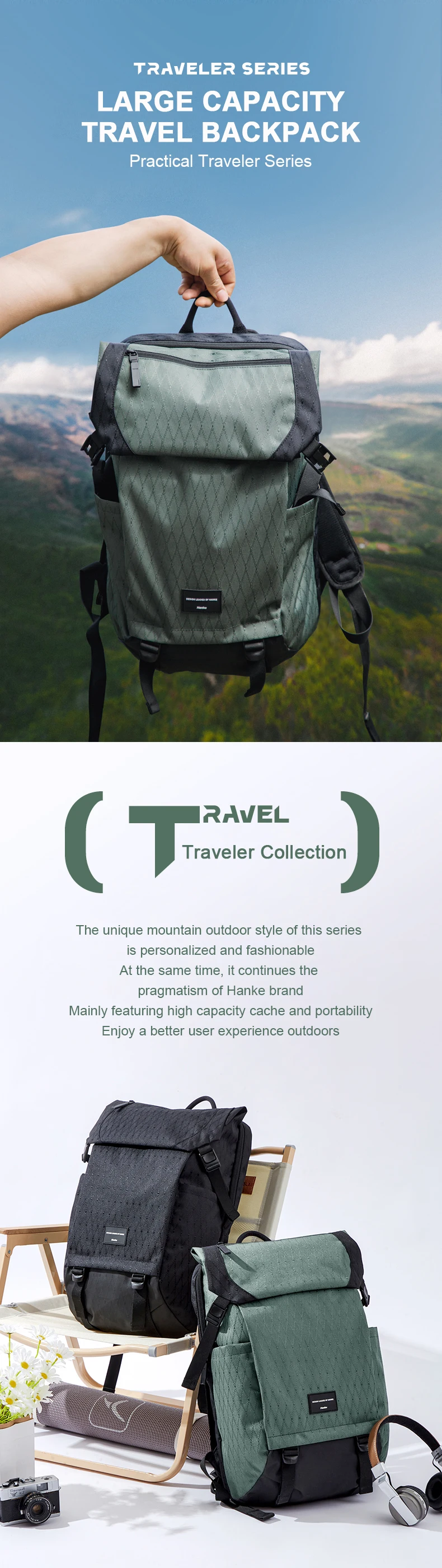 Hanke Travel Backpack - Lightweight Carry On For Work, School, Hiking, 16.5" Laptop Compartment (Grayish Green) - View #11