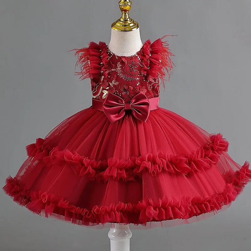 Tulle Baby Girl Party Dresses Newborn 1 Years Birthday Bowknot Evening Princess Kids Girls Flower Wedding Bridesmaid  Dresses 0