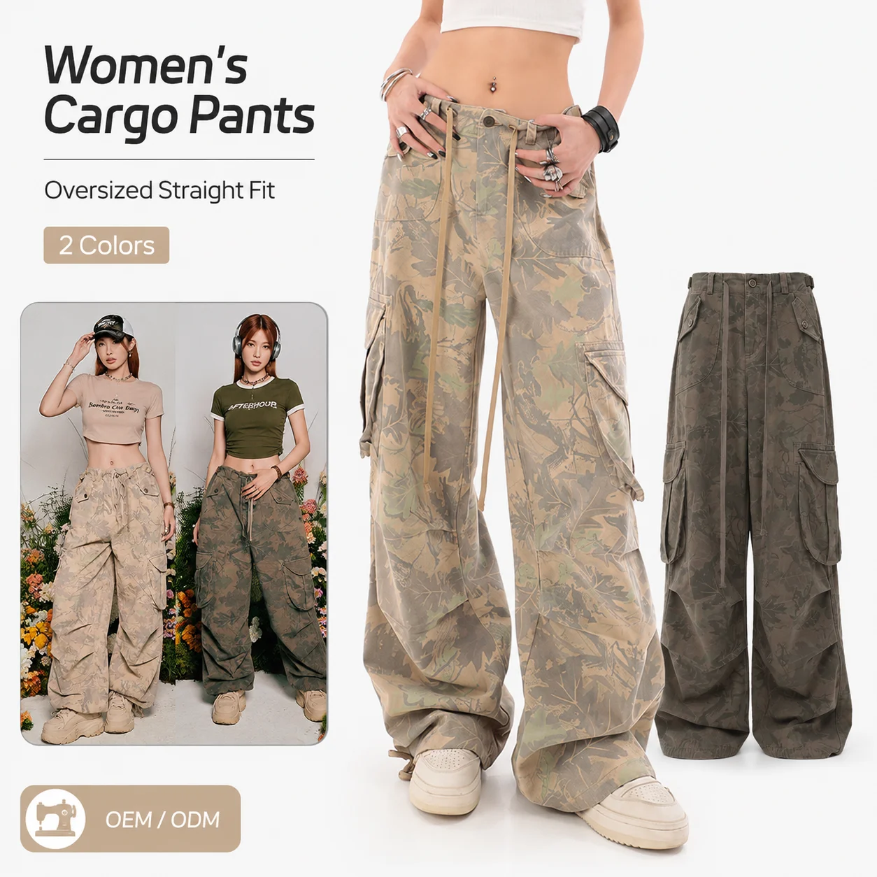 Custom Logo Print Light Oversized Straight Low Waist Drawstring Wide Leg Loose Parachute Versatile Casual Cargo Pants Women's