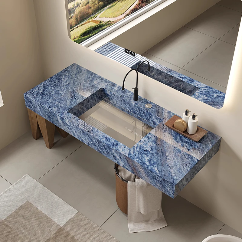 product waterproof bathroom cabinet transparent glass bottom suspended rock board bathroom fluted cabinet washbasin combination-9