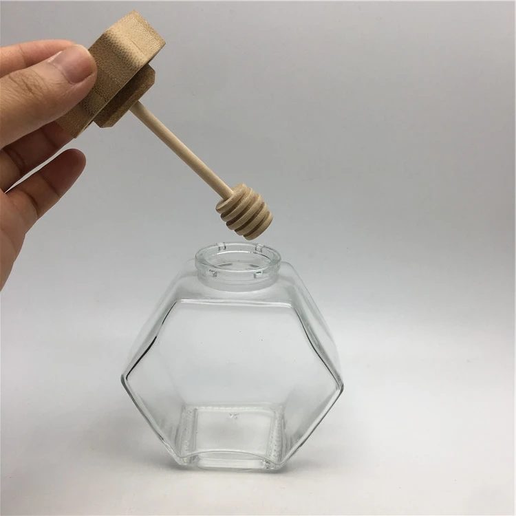 Empty glass hexagon honey jars bulk with dipper lid 220ml 380ml