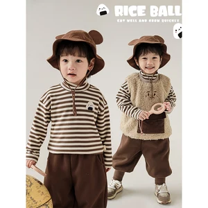 Boys' Winter Plush Vest Thickened and Warm Children's Contrasting Striped Half-High Collar T-shirt Casual Suit Multiple Set