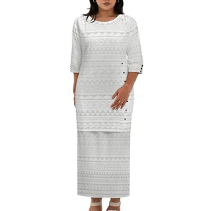 Customize Luxury Design Polynesian Tribal Print Vintage 2 Piece Women's Samoan Puletasi Dress White Natural Drop Shipping