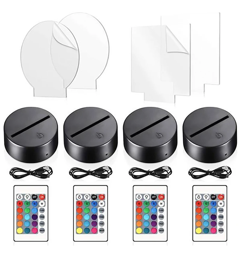 4 Pieces LED Light Lamp Base 16 Colors Decorative Light Display Stand with Remote Control USB Blank Acrylic 3D Night Light