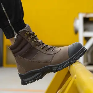 JIANKUN Factory Direct to Sell Crazy Horse Leather Working Worker Shoes High Ankle Brown Work Safety Boots for Men