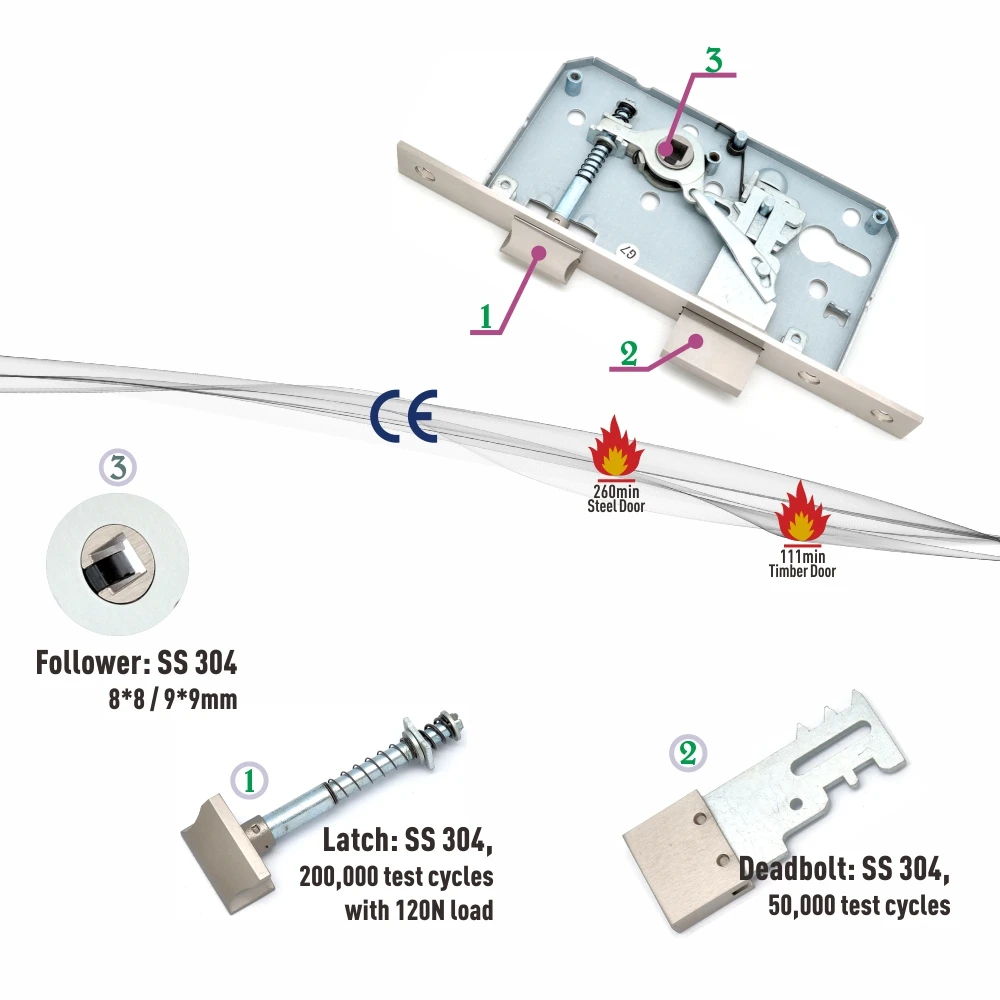 En12209 Fire Rated Ce 60mm Backset Stainless Steel Sus304 European