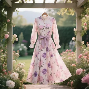 2026 New Design Casual Floral Printing Maxi Dress Vintage Sustainable Empire Waist O Neck Dress for Daily Party Use