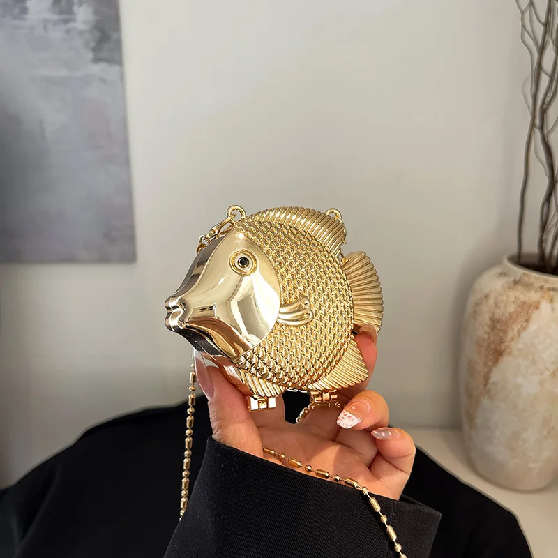 Mini Fish Shaped Metal Clutch Bag Stylish Evening Bags Creative Lipstick  Holder Crossbody Purse for Parties