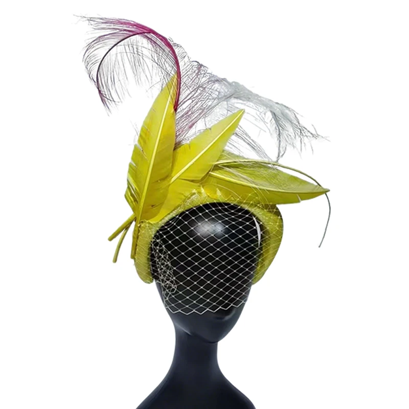 Sinamay Kentucky Derby Women's Fascinator Hat with Hair Clip Church Fascinator with Birdcage Net Veil & Feather Parties Outdoors