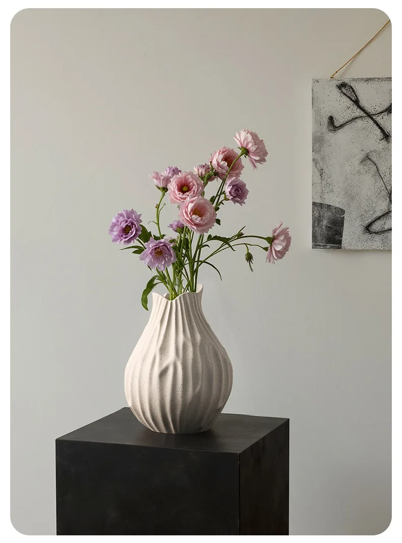 Blue Ceramic Vase with Fluted Texture Marbled Glaze Finish Modern Artistic Home Decor Living Room Flower Arrangement Centerpiece