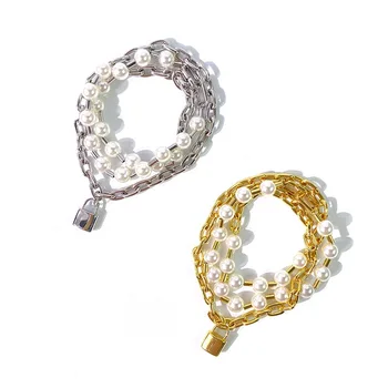 Wholesale 18K Gold Plated Brass Bracelets for Women Geometric Charm Lock Bead Bangles Pearls Fashion Chain Link Jewelry