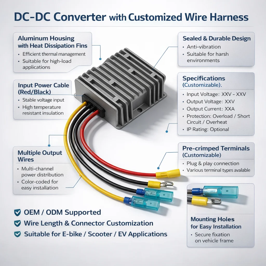 DC DC Converter 48V to 12V with Custom Wire Harness | Power Module for Industrial Automotive Battery Systems