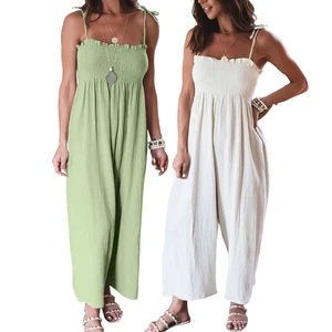 Wholesale Jumpsuits One Piece Smocked Slip Romper Lounge Summer Sleeveless Wide Leg White Plus Size Women Jumpsuit