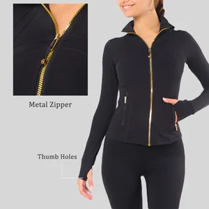 Thumb Holes Sports Outfit Women with Zipper Pockets Pilates Full Metal Zipper Blank Nylon Long Sleeve Gym Fitness Yoga Jacket