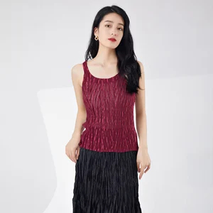 Customizable Lady Sleeveless Blouse Breathable Pleated Tank Top Summer Casual Polyester T-shirt for Women