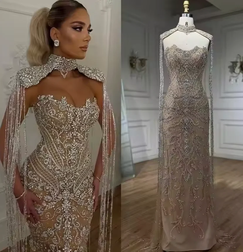 Nude Mermaid Lace Beaded  Muslim Luxury Evening Dresses Gowns 2025 Party  For Woman LA71193
