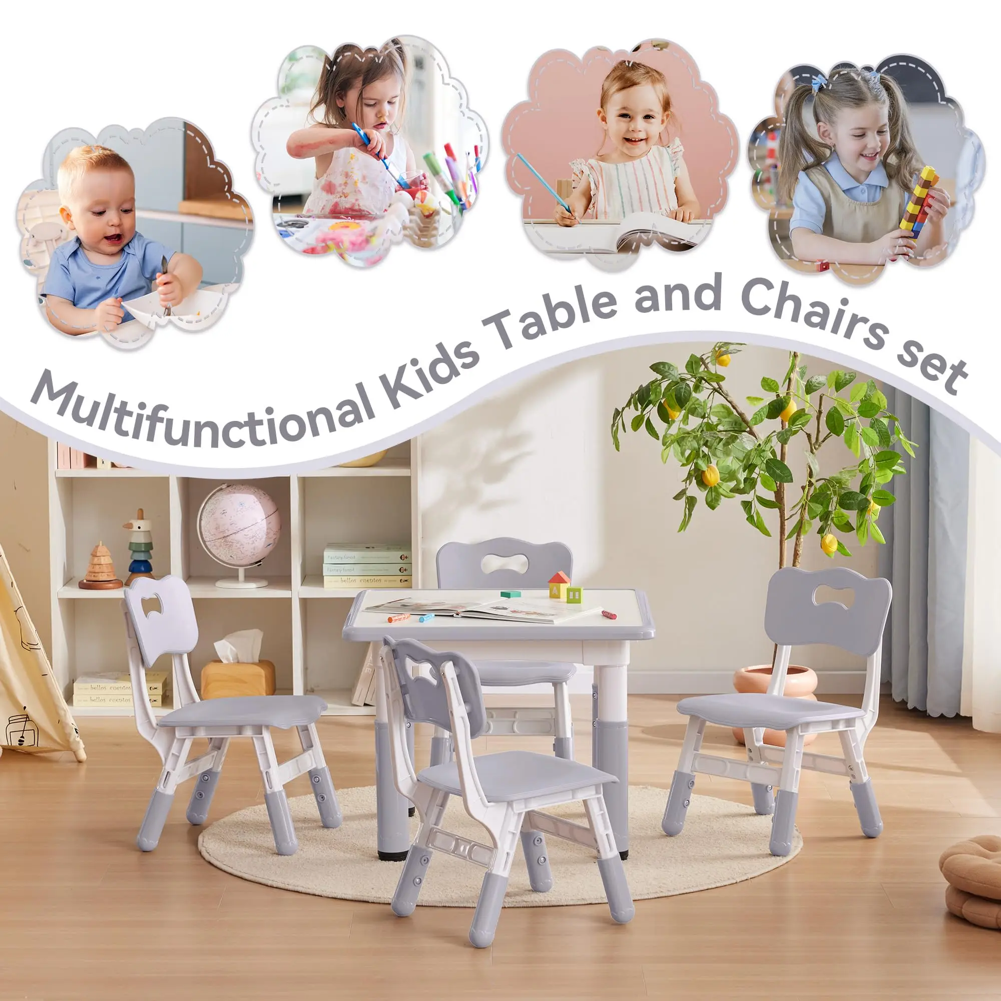 60*60cm Wood Plastic Table and Chair Set,Kids Daycare Furniture Graffiti Study Desk Adjustable Height 1 Table and 4 Chairs