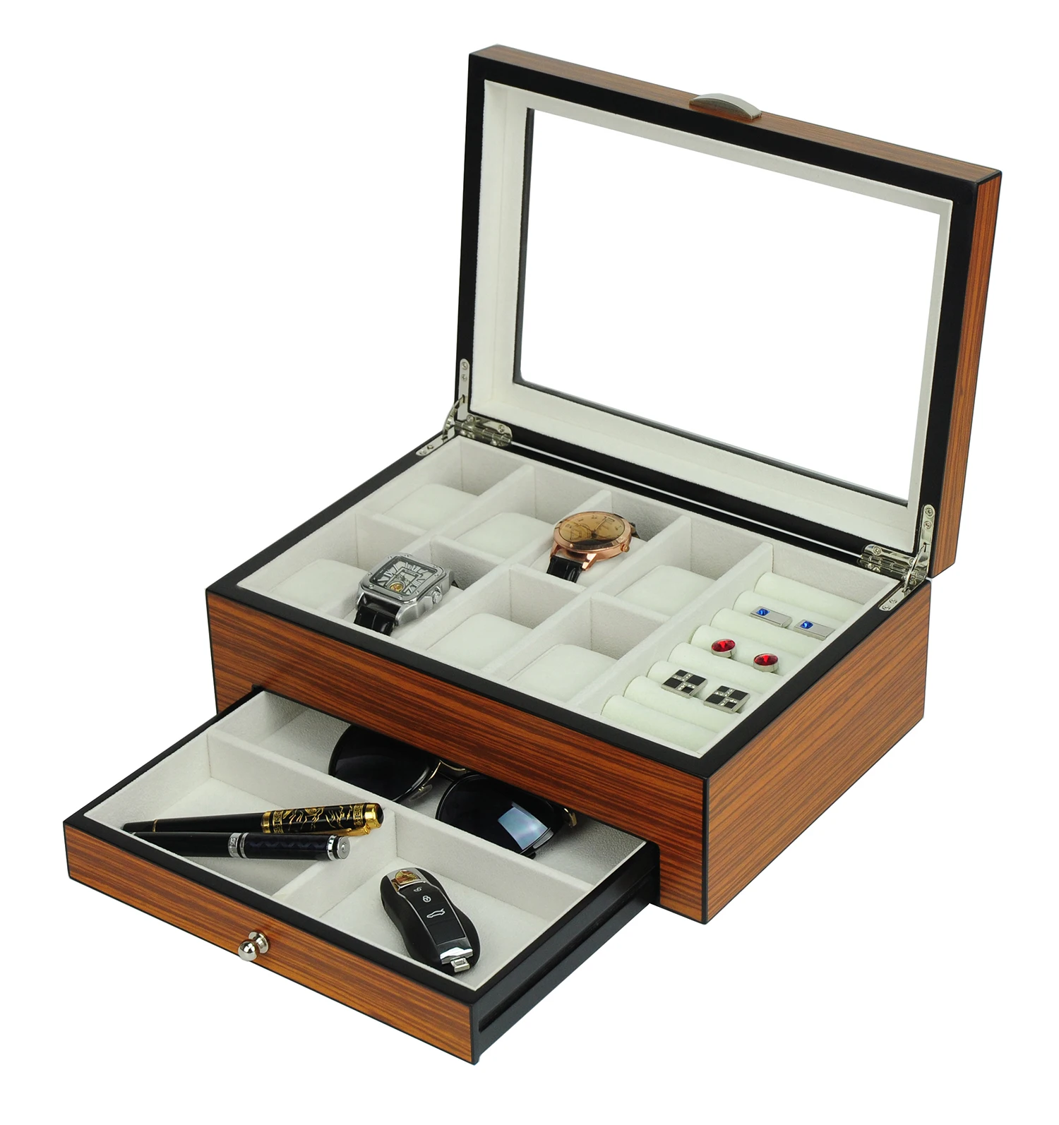 Customization Matte Wooden Watch Jewelry Box with a Drawer and Glass Window Hold Rings Cufflinks Keys Pen for Man and Woman