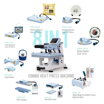 PYD Life 8 in 1 Combo Tumbler Hip Flask Plate Flat Pen Hat Sublimation Printer Transfer 8 in 1 Heat Press Machine for T-shirt