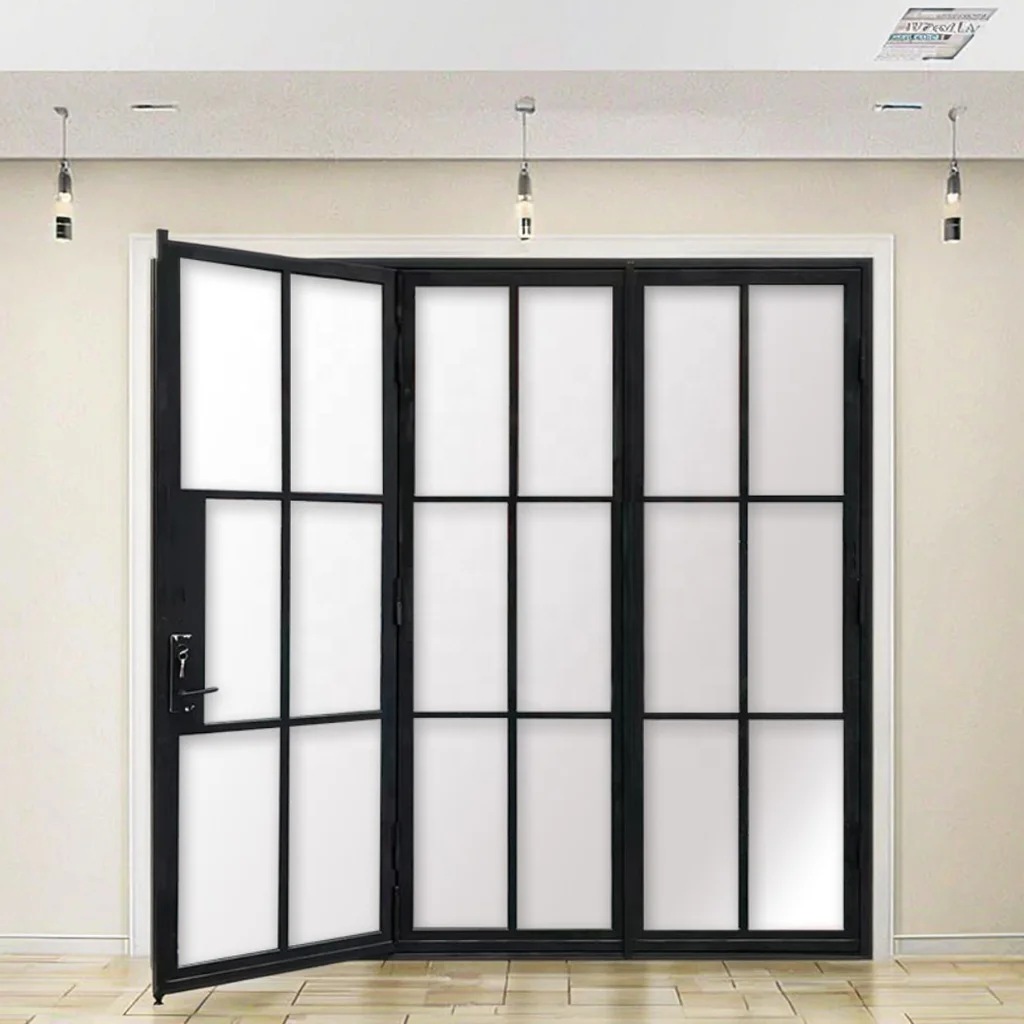 French Style Bi-Fold Iron Interior Entry Door Foldable Windproof Finish CE Certified Double Glass Steel Material 5 Year Warranty factory