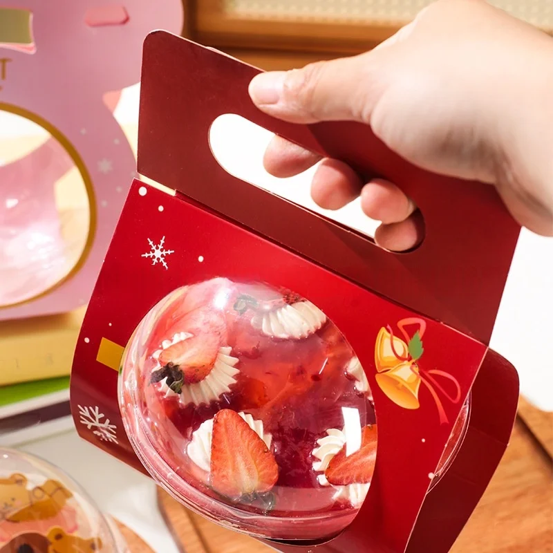 Small Round Christmas Mousse Packing Box Clear Plastic Bowl for Coconut Jelly Ball Cake Box with Kraft and Cardboard Materials