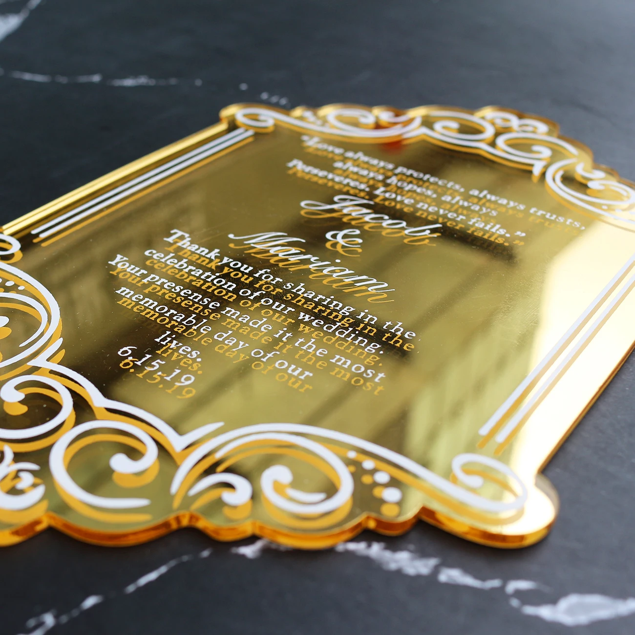 Fancy Custom Gold Mirror Acrylic Wedding Invitations Card Laser Cut  Marriage Invite with Envelope Birthday Invitations, image size:1300x1300