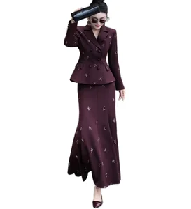 Customize Bettergirl New French Luxury Striped Button Lace Embroidered Waist Drawstring Jacket Top Fishtail Skirt Set Spring