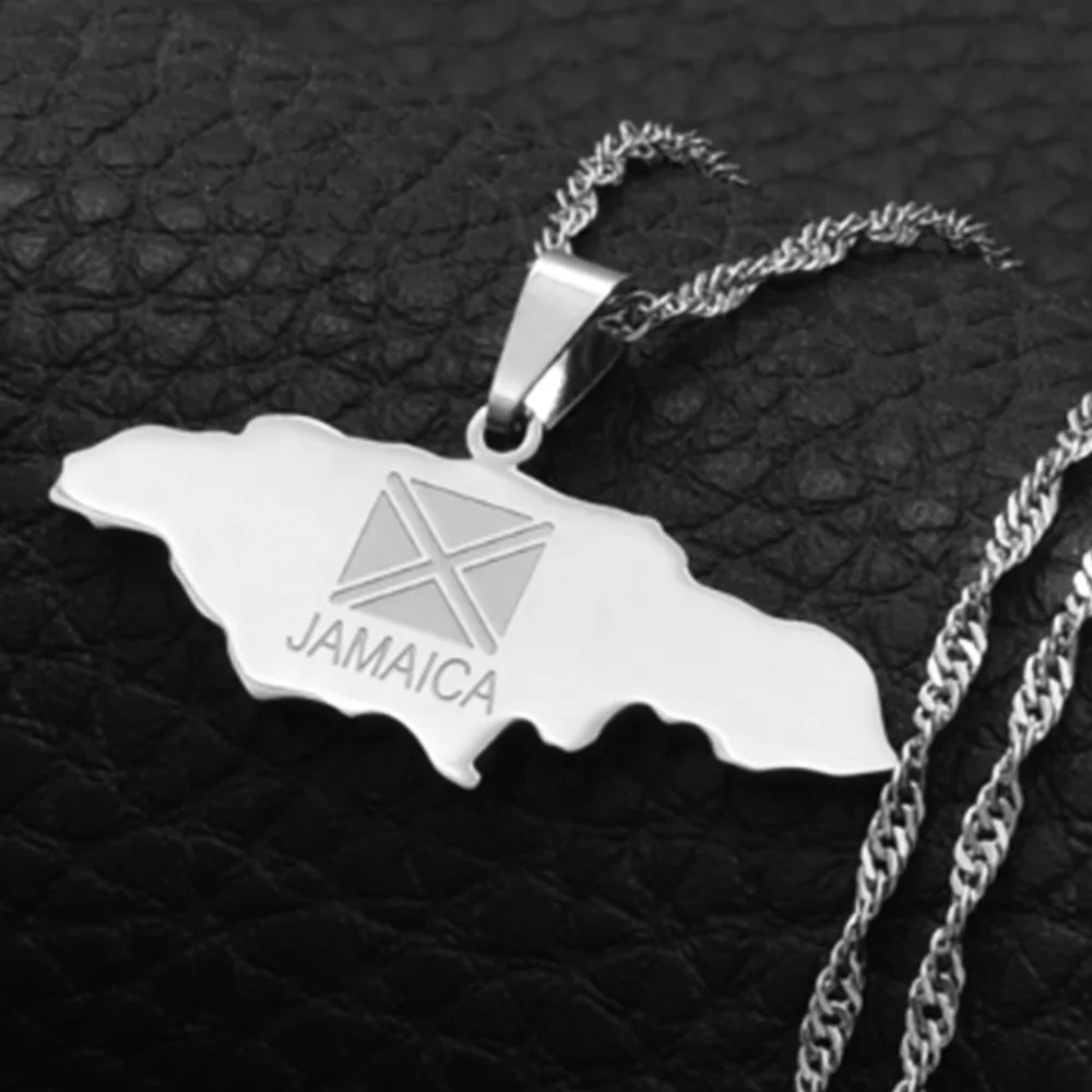 Collana Argento Bandiera Giamaica Mappa Ciondolo & Catena Isola