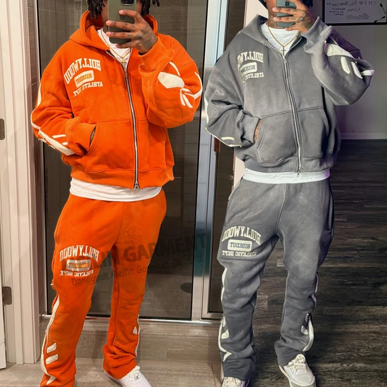 Custom Applique Patches Embroidery Jogger Tracksuit Sweatpants Set Men