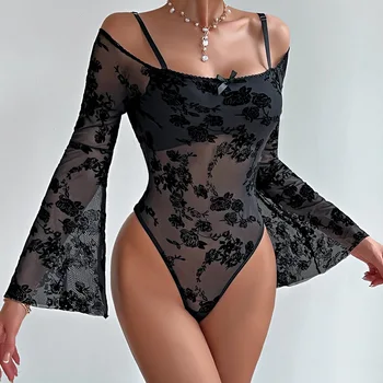 2025 Women's Sexy Teddy Bodysuit Transparent Floral Embroidered Jumpsuit Wide Long Sleeves Knitted Mesh Perspective Lace Summer