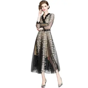 Women's Elegant Long Midi Party Dress Slim V-Neck Sleeves Casual Office Wear Woven Natural Waistline Washable Worsted Lace