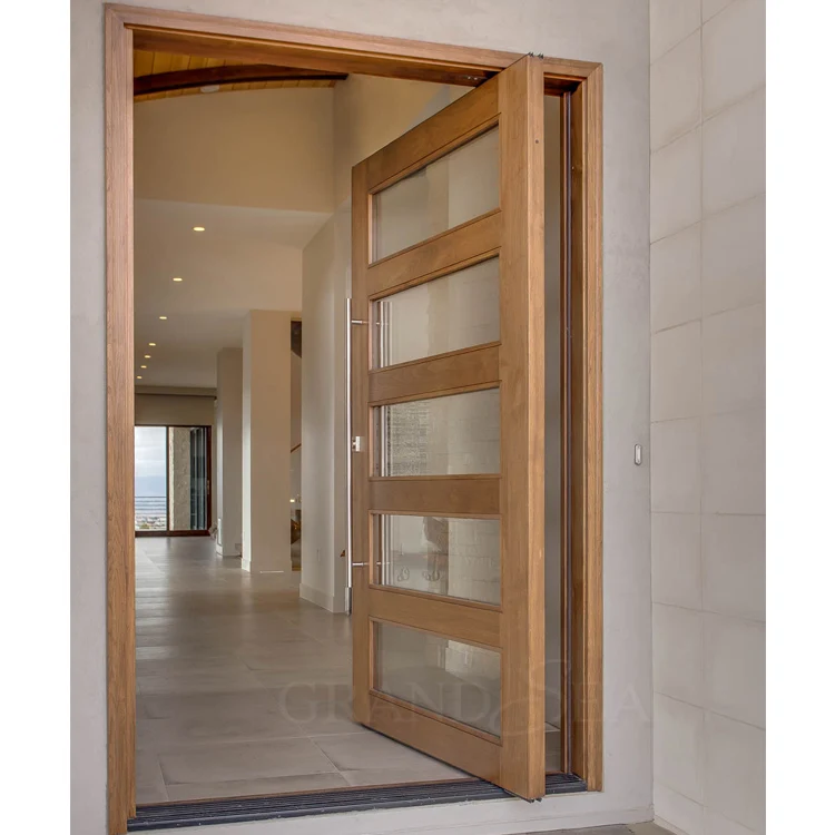 European Style Walnut Wood Frame Frosted Glass Soundproof Pivot Door for Office Building