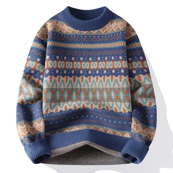 Most Popular Designed Autumn Men Winter Trendy Thickened Warm Bottoming Jacquard Round Neck Sweaters for Teenagers