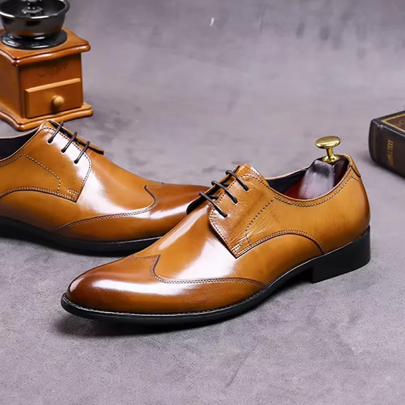 37-46 Fashion Pointed Soft Genuine Leather Dress Shoes Men Casual Flats  Business Wedding Shoes Breathable Formal Leisure Loafers