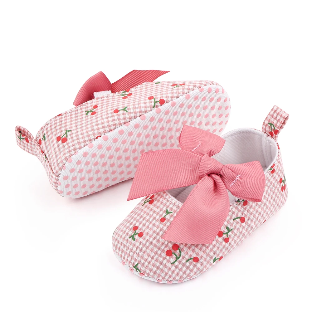 Wholesale Cheap Baby Girls Soft Sole Bow Knot Cherry Mary Jane Flats Infant Princess SlippersToddler Wedding Dress Shoes factory