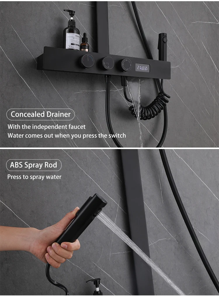 Luxury Bathroom Brass Rain Shower Set Wall Mounted Black Thermostatic