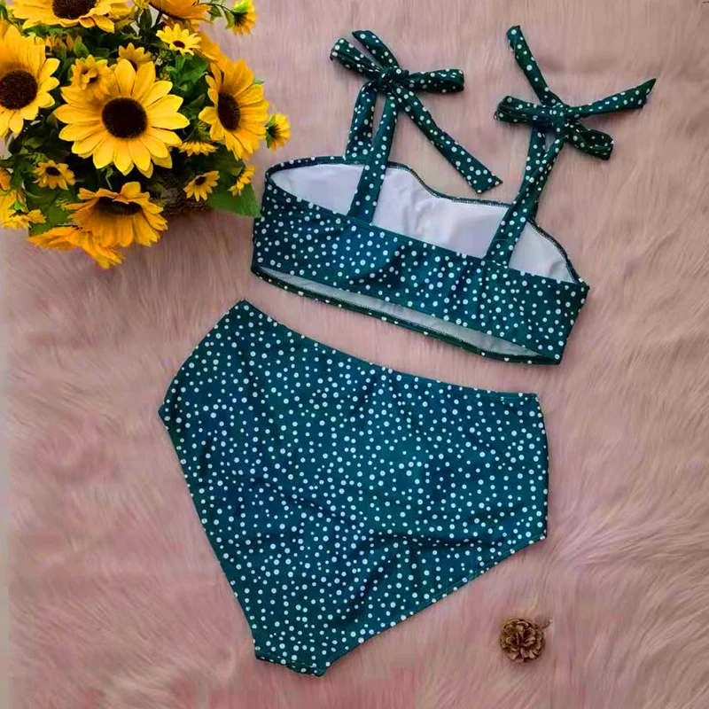 Plus Size Women Dot Green Vintage Bikini Tie Straps High Waisted Women Recycled Nylon Ladies Bathing Suit