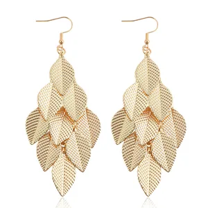 Bohemian Style Alloy Stud Earrings Long Leaf Fringe Europe United States' Fashion Bride Cross-Border Gift 18K Gold Plated Trendy