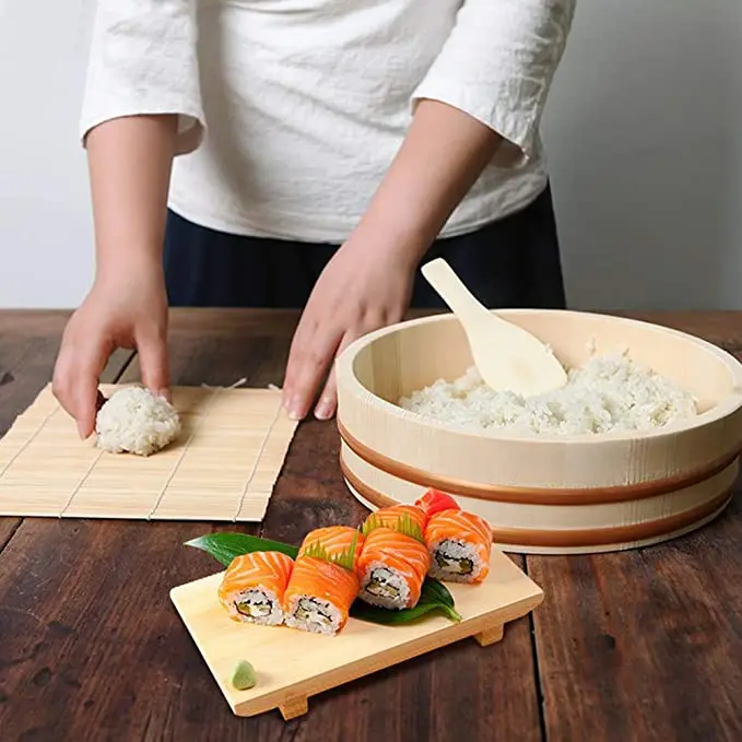 Japanese Restaurant Bibimbap Bucket Wooden Sushi Rice Bowl Hangiri Sushi Oke Rice Mixing Tub