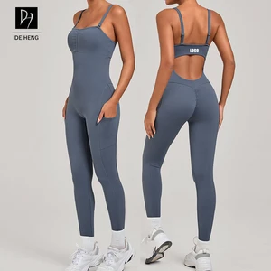 New Custom Pocket Gym Fitness Bodysuit Athletic Outdoor Sport Long Jumpsuit for Women Workout One Piece Romper