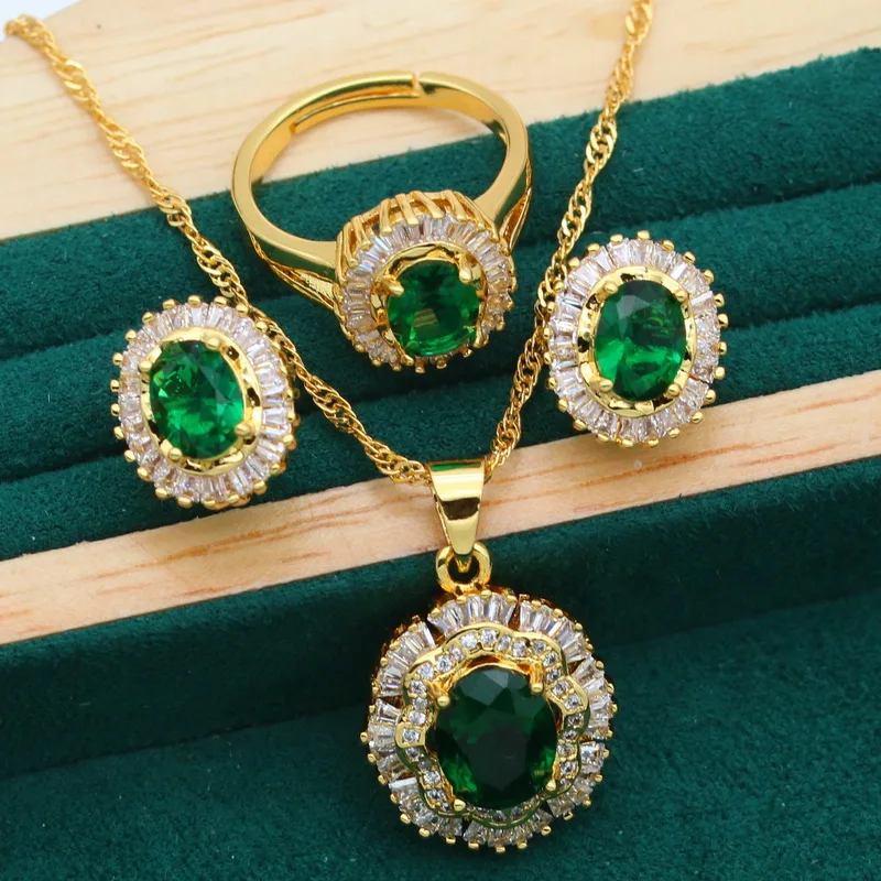 Gold Color Green Emerald Jewelry Sets For Women Wedding Open Ring ...