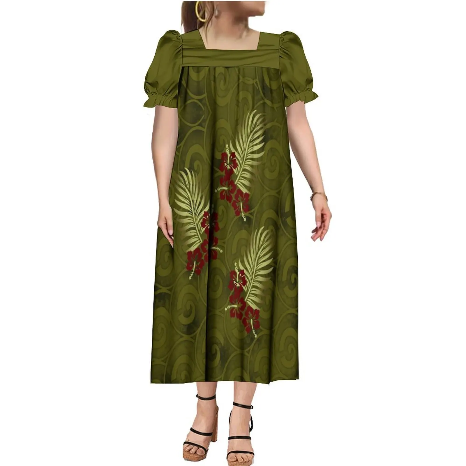 Wholesale OEM Customized Polynesian Tribal Design tretch Micronesian Muumuu Mumus Micronesia Mumu Dress Puff horts Leeve Quare Neck Puffy Midi Dresses